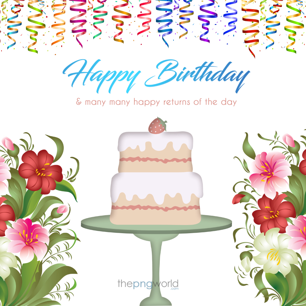Happy Birthday with Cake and Floral birthday,happy birthday,greeting card,wishes,balloons,ribbons,text,cake,welcome,party,treat,template,images,poster,design,vector
